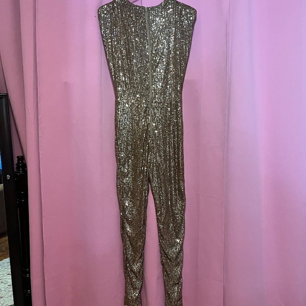 NEW Fashion Nova Large Gold Sparkle & Snatched Shoulder Pad Jumper Jumpsuit - Picture 12 of 16